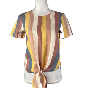 Madewell Blouse Top size XXS Peach Yellow Blue Striped Front Ties Casual Beach